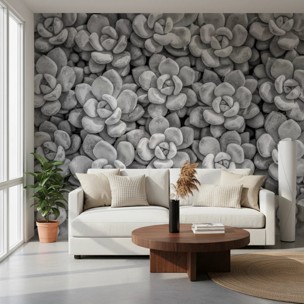 Living room with Grayscale Succulent Array wall mural and layered rosettes, GD8839