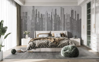 Bold urban cityscape in grayscale mural
