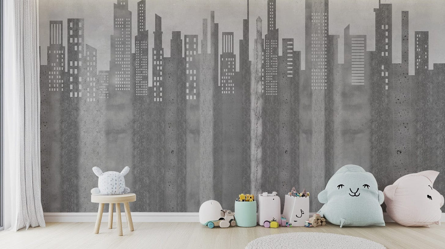 Modern city skyline in grayscale mural
