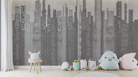 Modern city skyline in grayscale mural
