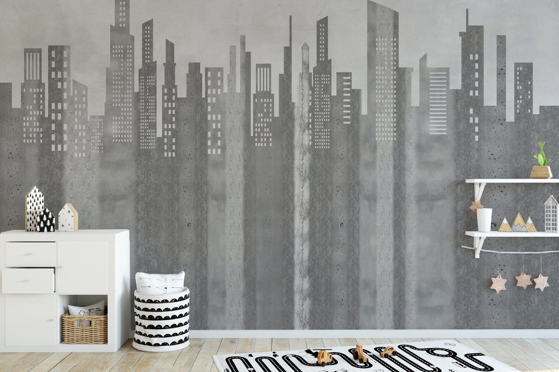 Monochrome city skyline wall mural
