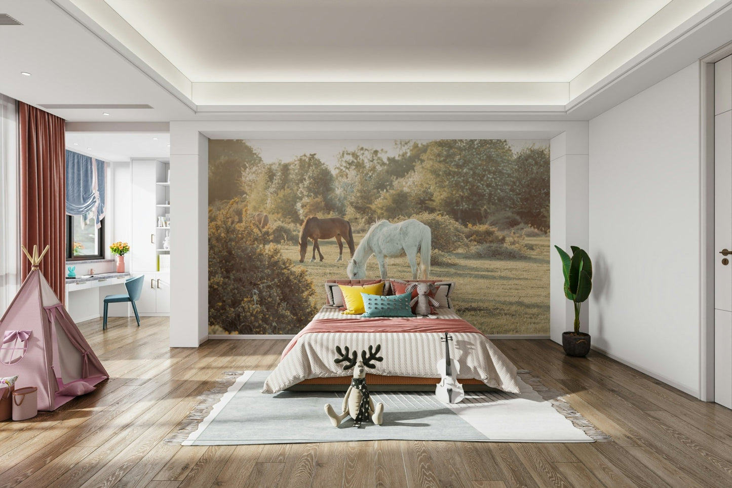 The image shows a light-colored horse in the foreground.

