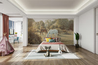 The image shows a light-colored horse in the foreground.

