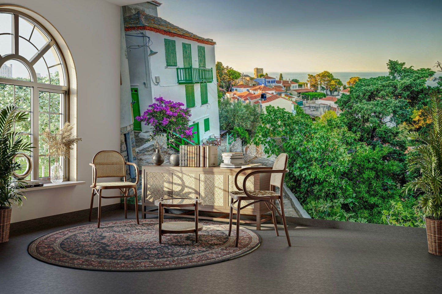 A contemplative seaside village wallpaper mural for a feature wall., GD5140