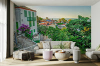 A beautiful Greek isle wallpaper mural with a stone pathway., GD5140