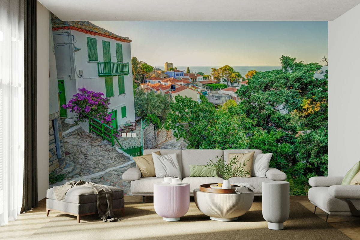 A beautiful Greek isle wallpaper mural with a stone pathway., GD5140