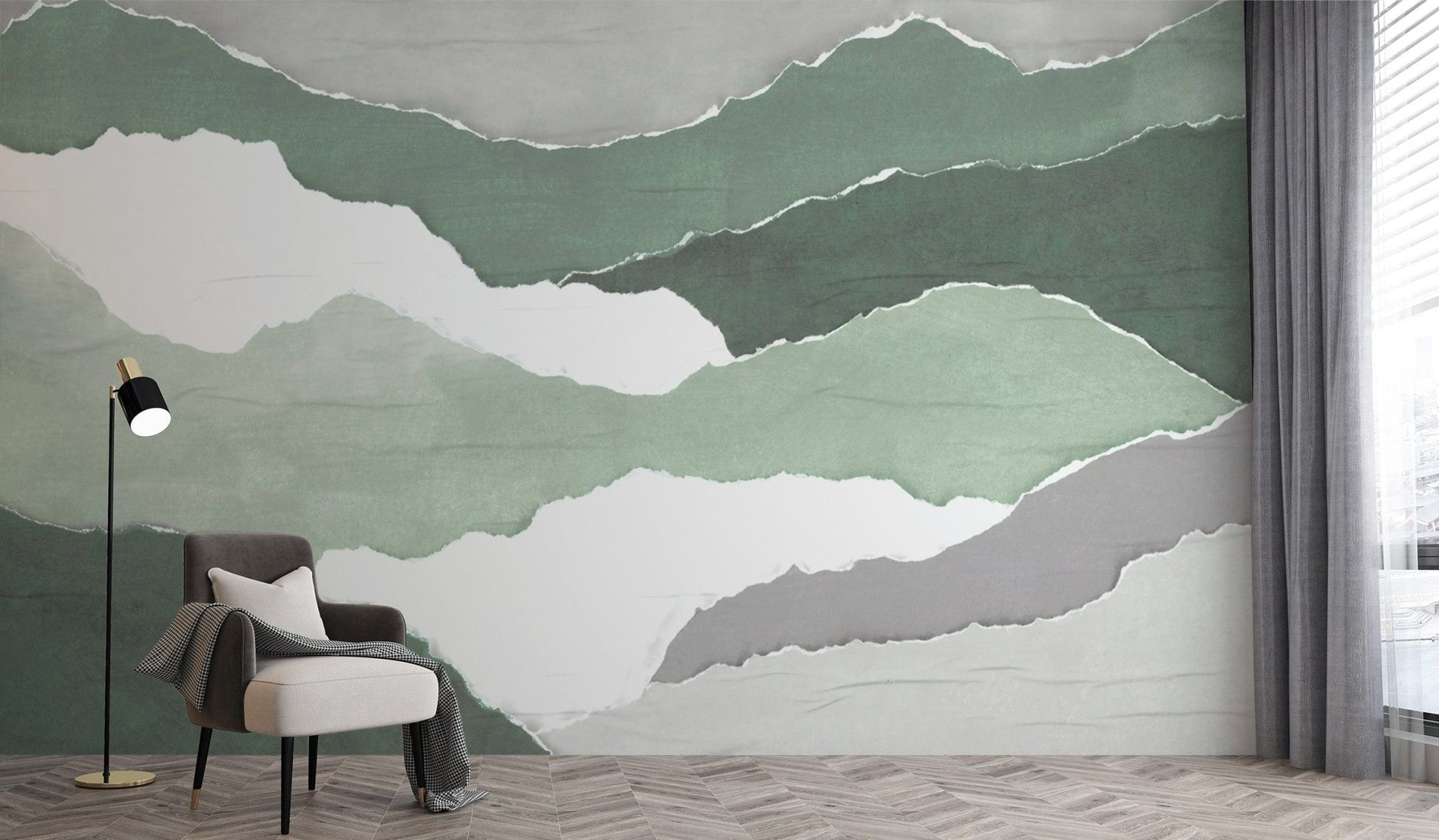 Layered torn paper wallpaper in green tones
