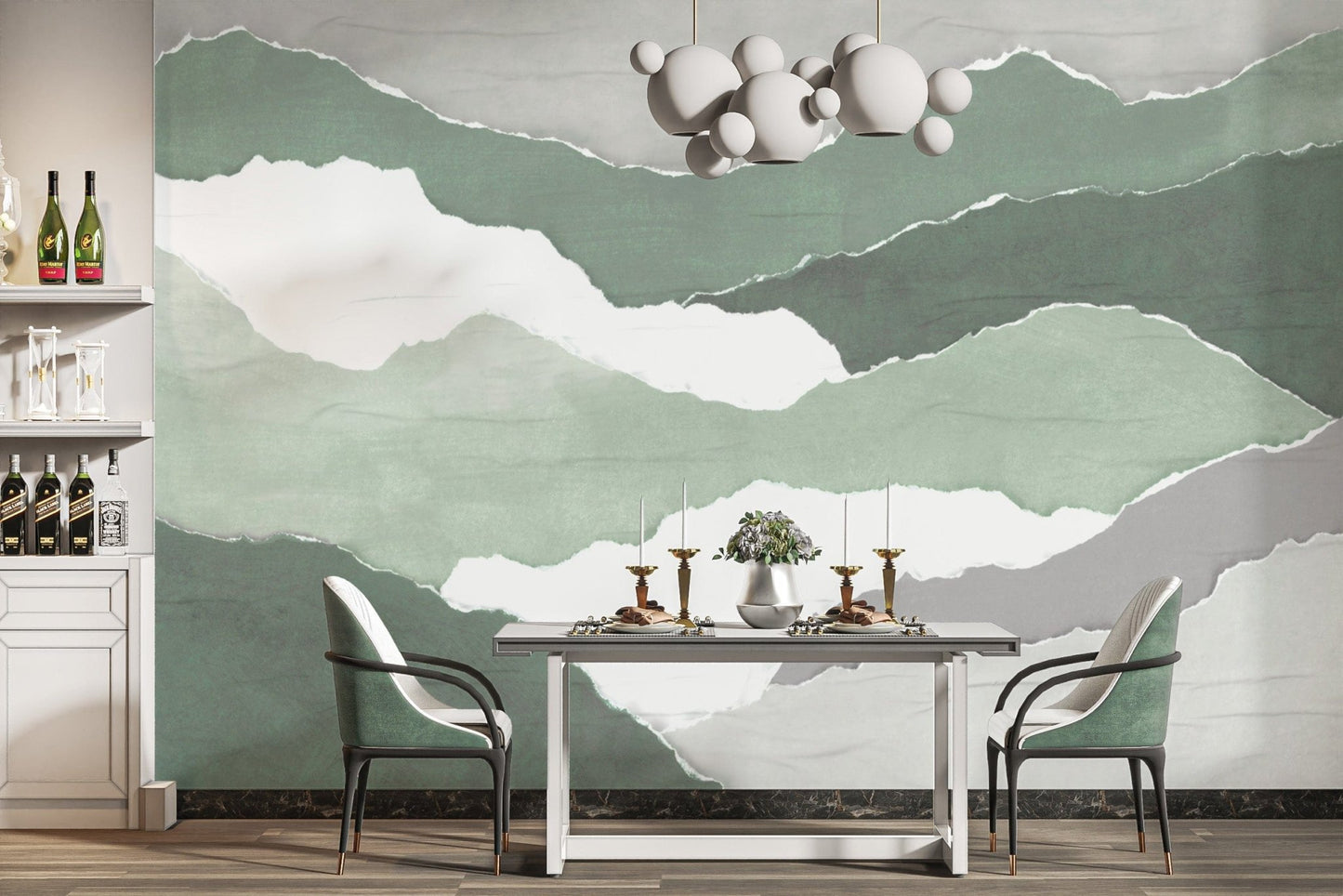 "Organic torn paper wallpaper in green hues"
