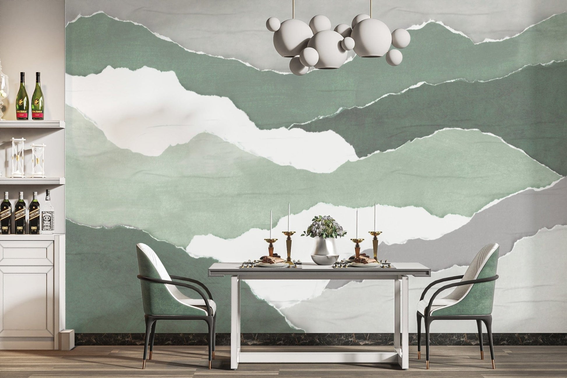 "Organic torn paper wallpaper in green hues"
