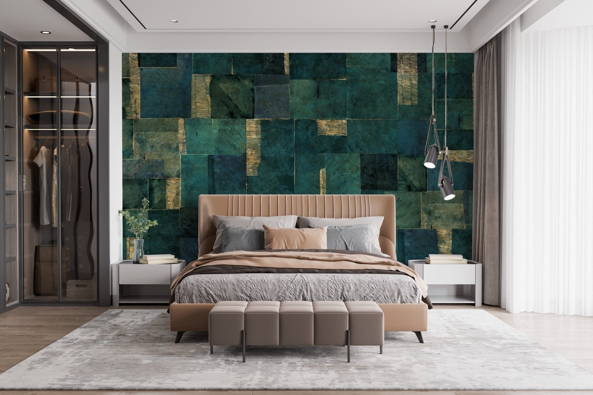Green abstract wallpaper mural with a modern geometric design., C55