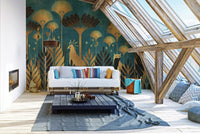 Golden Botanical Forest Design Wallpaper
