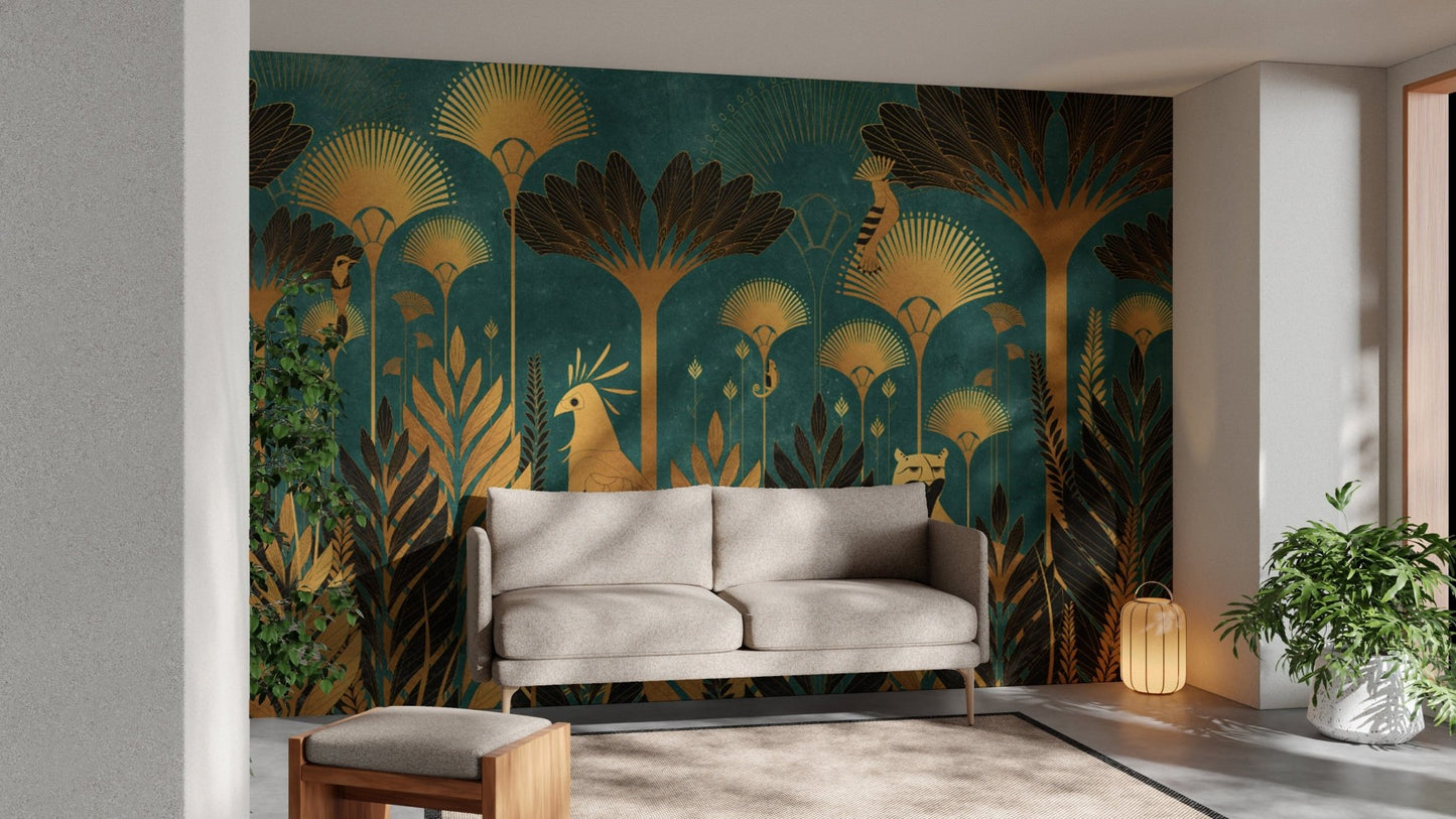 Elegant Green and Gold Foliage Mural
