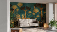 Elegant Green and Gold Foliage Mural
