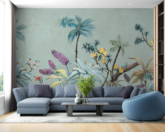 Boho flowers wallpaper mural with green background design. A322