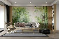 A wide wall mural showing a deep, verdant bamboo forest.
