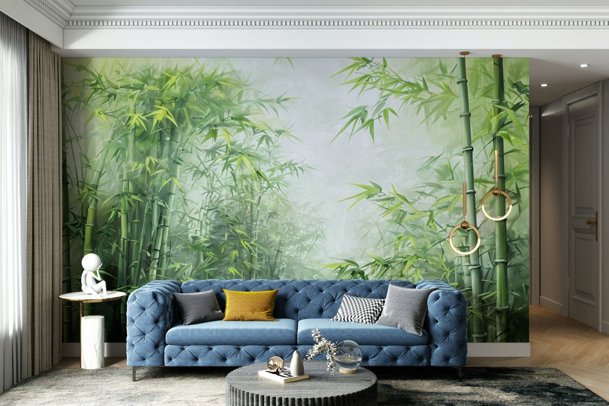 The mural gives the illusion of a window looking out onto a beautiful forest.
