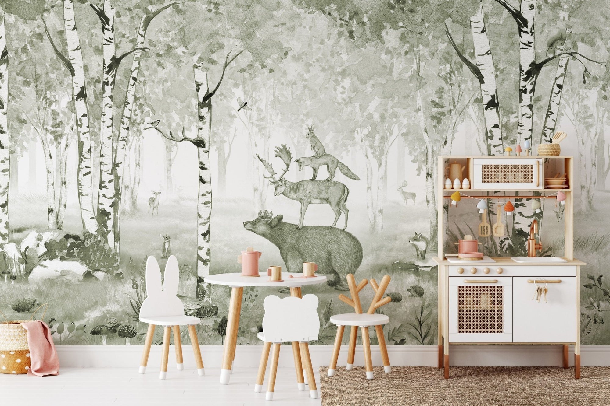 Green bear king wallpaper featuring woodland animals in forest KB09