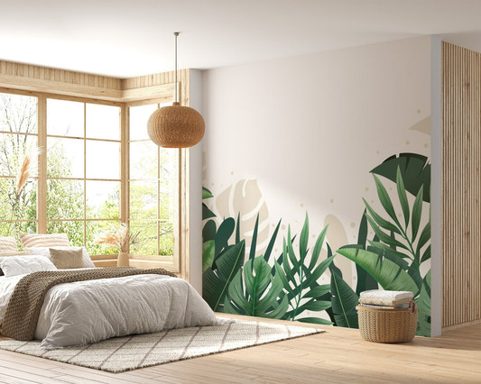 Green Beige Tropical Leaves Wallpaper Mural
