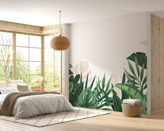 Green Beige Tropical Leaves Wallpaper Mural
