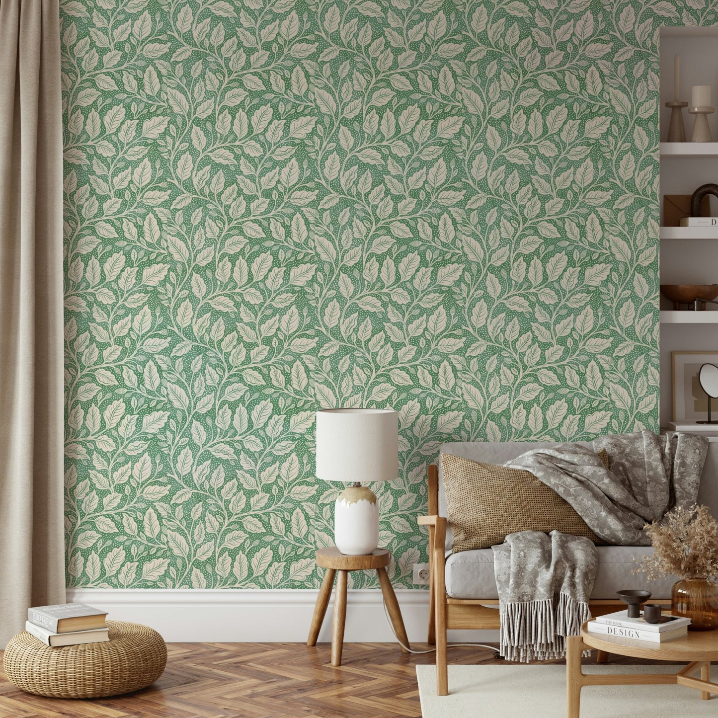 Green wallpaper with delicate leafy branches

