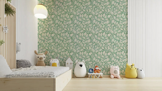 Green botanical wallpaper with budding branches

