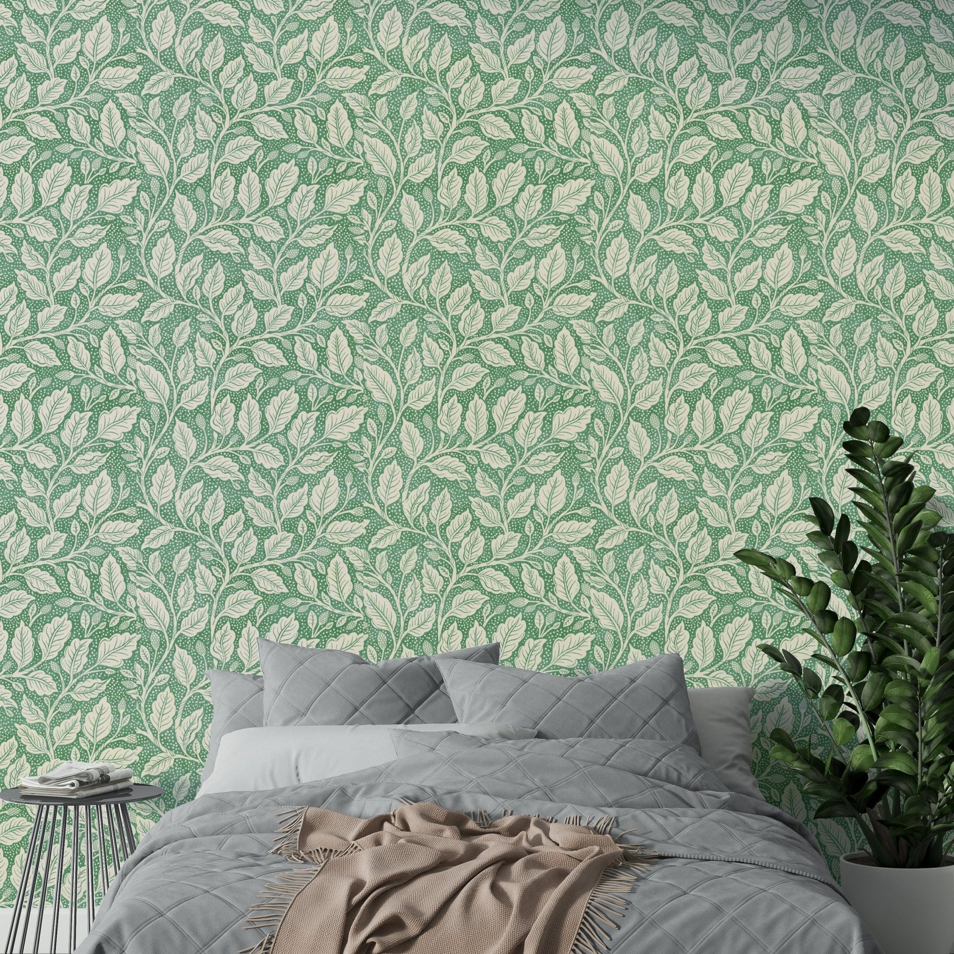 Soft green floral and leaf design wallpaper

