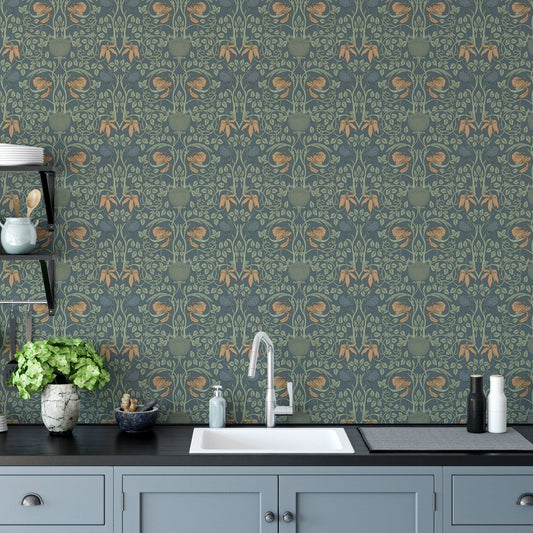 Retro green flowers and leaves wallpaper A992

