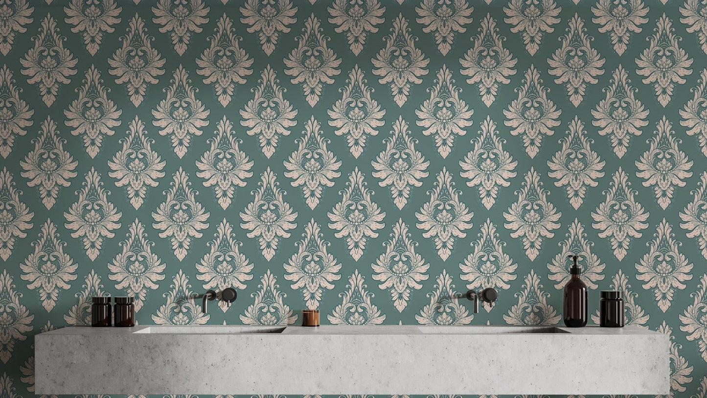 Self-Adhesive Green Damask Wallpaper Design