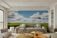 A graceful subtle pattern wall mural in cool, green tones.

