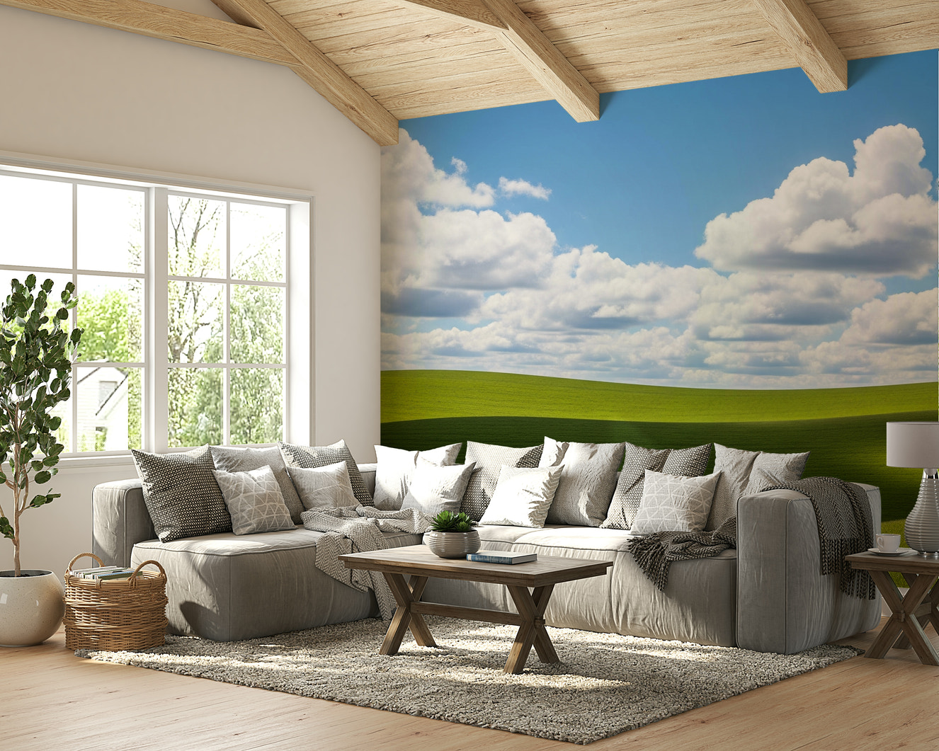 A beautiful green dreamscape wallpaper mural for a modern home.

