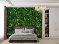 A beautiful modern living room with an exotic foliage mural.

