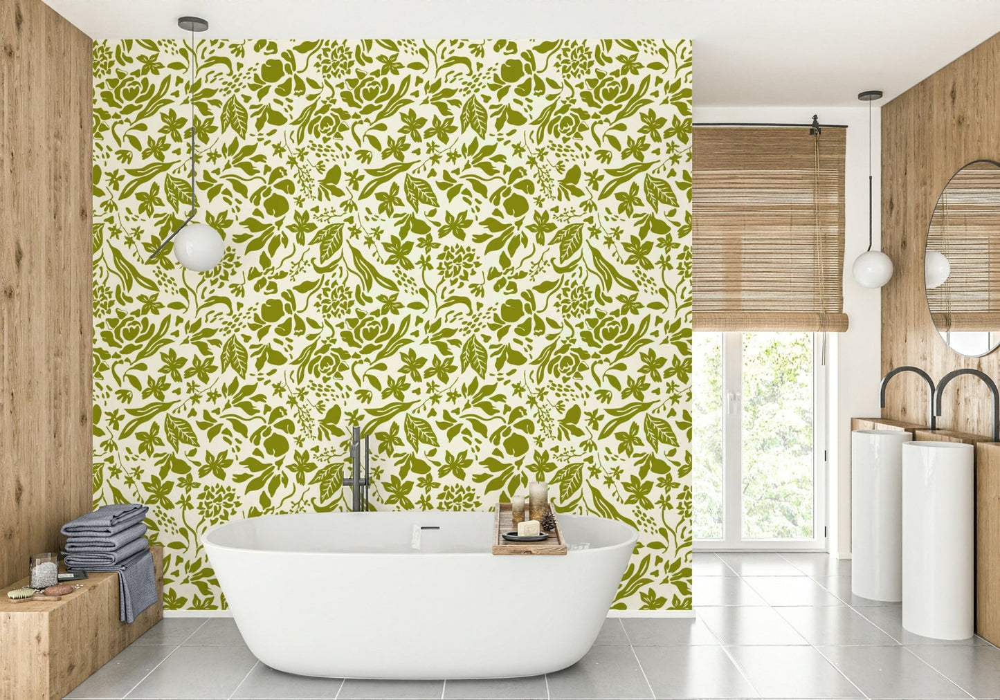 A seamless pattern of green flowers on a wall

