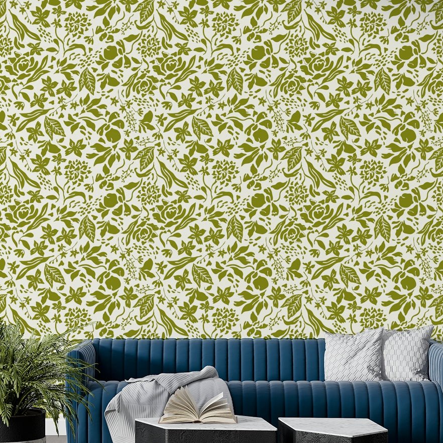 A living room with a delicate green flower design

