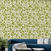 A living room with a delicate green flower design

