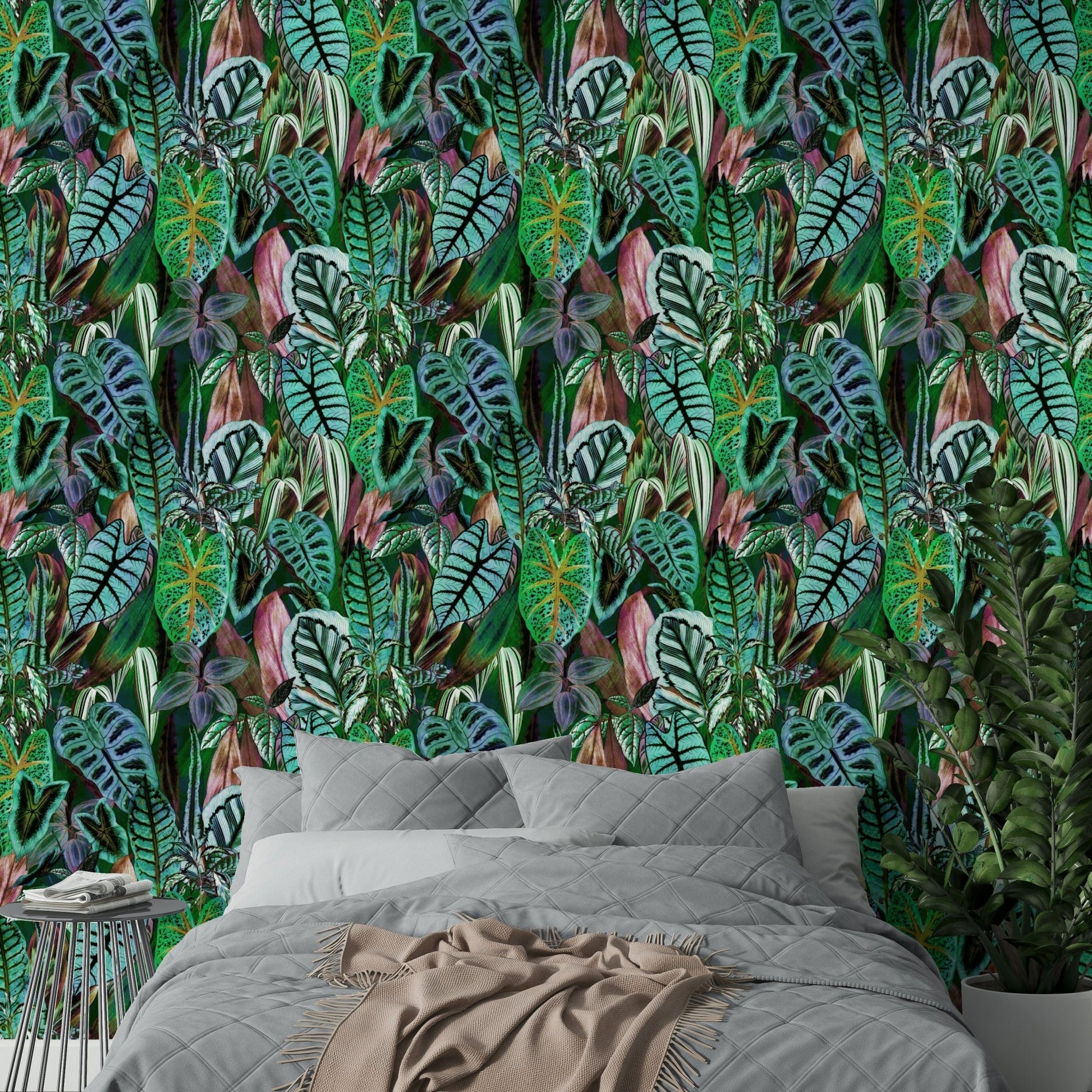 A beautiful modern living room with a green foliage mural.

