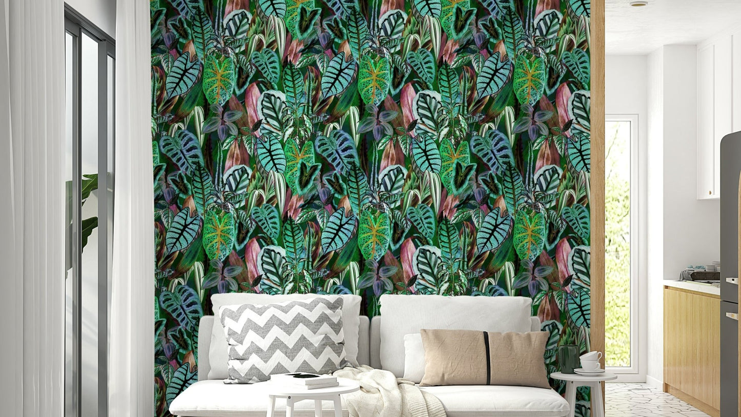 A minimalist home office with the botanical wallpaper.

