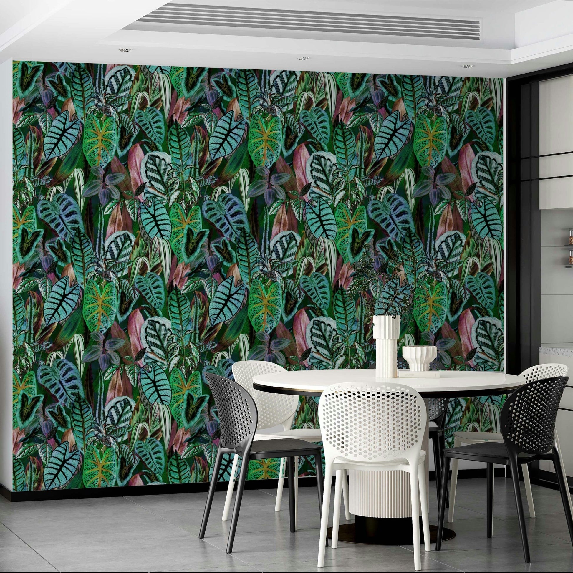 The peel and stick wallpaper on a smooth wall surface.

