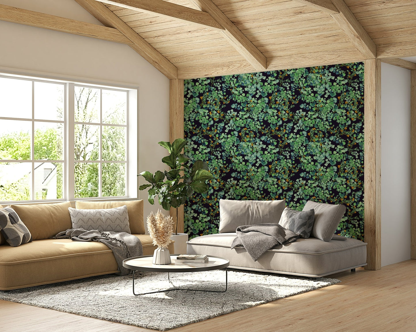 Botanical wallpaper with green leaves.
