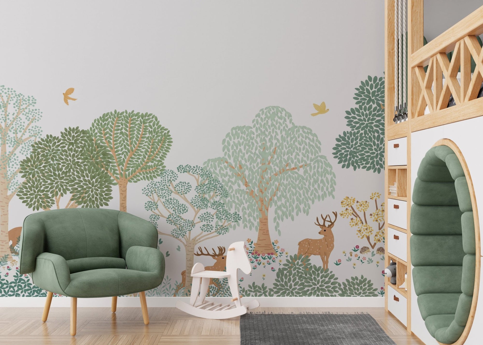 Green forest animals wallpaper for kids' bedroom decor, C56