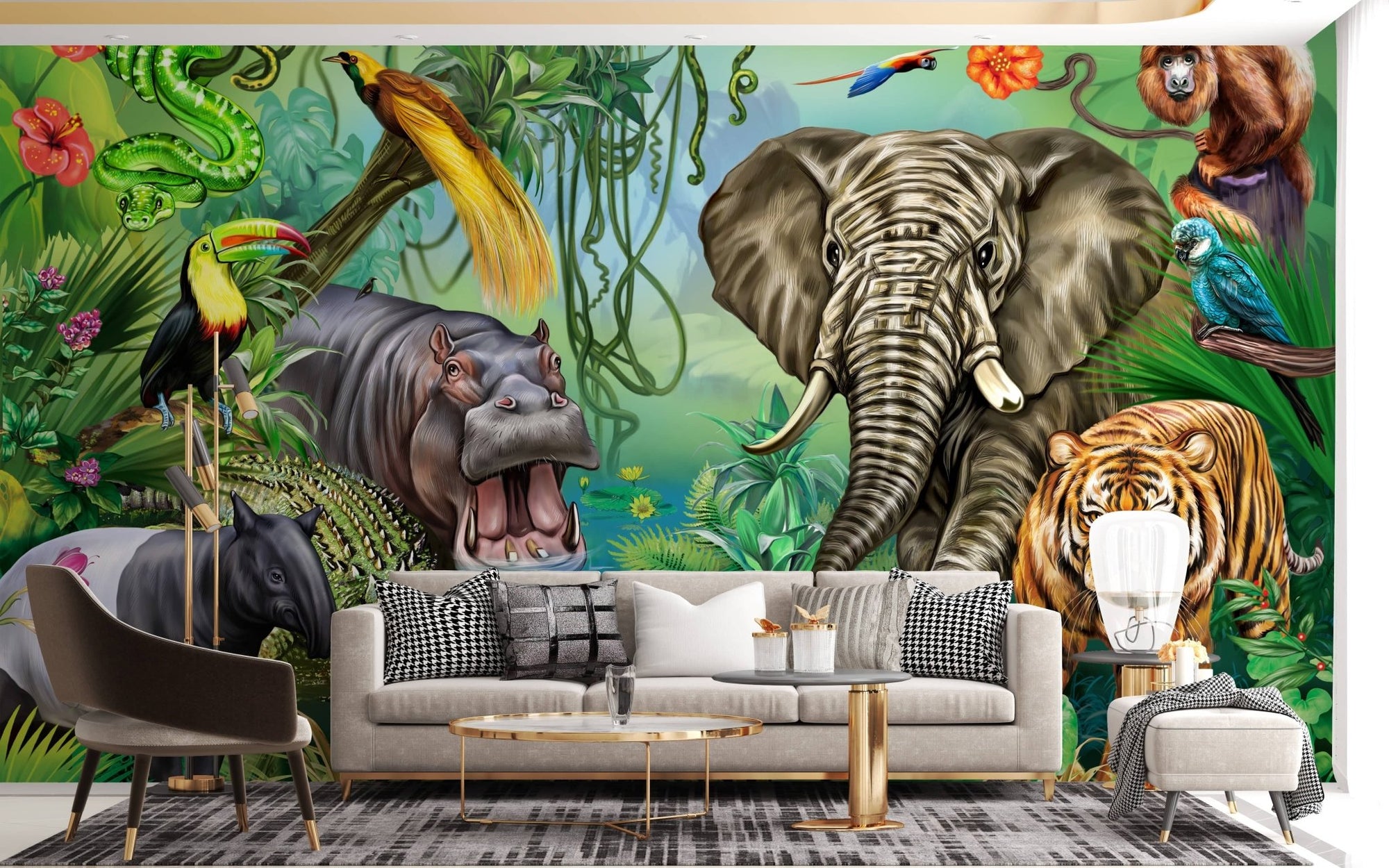 Lush green forest mural with wildlife for kids A242