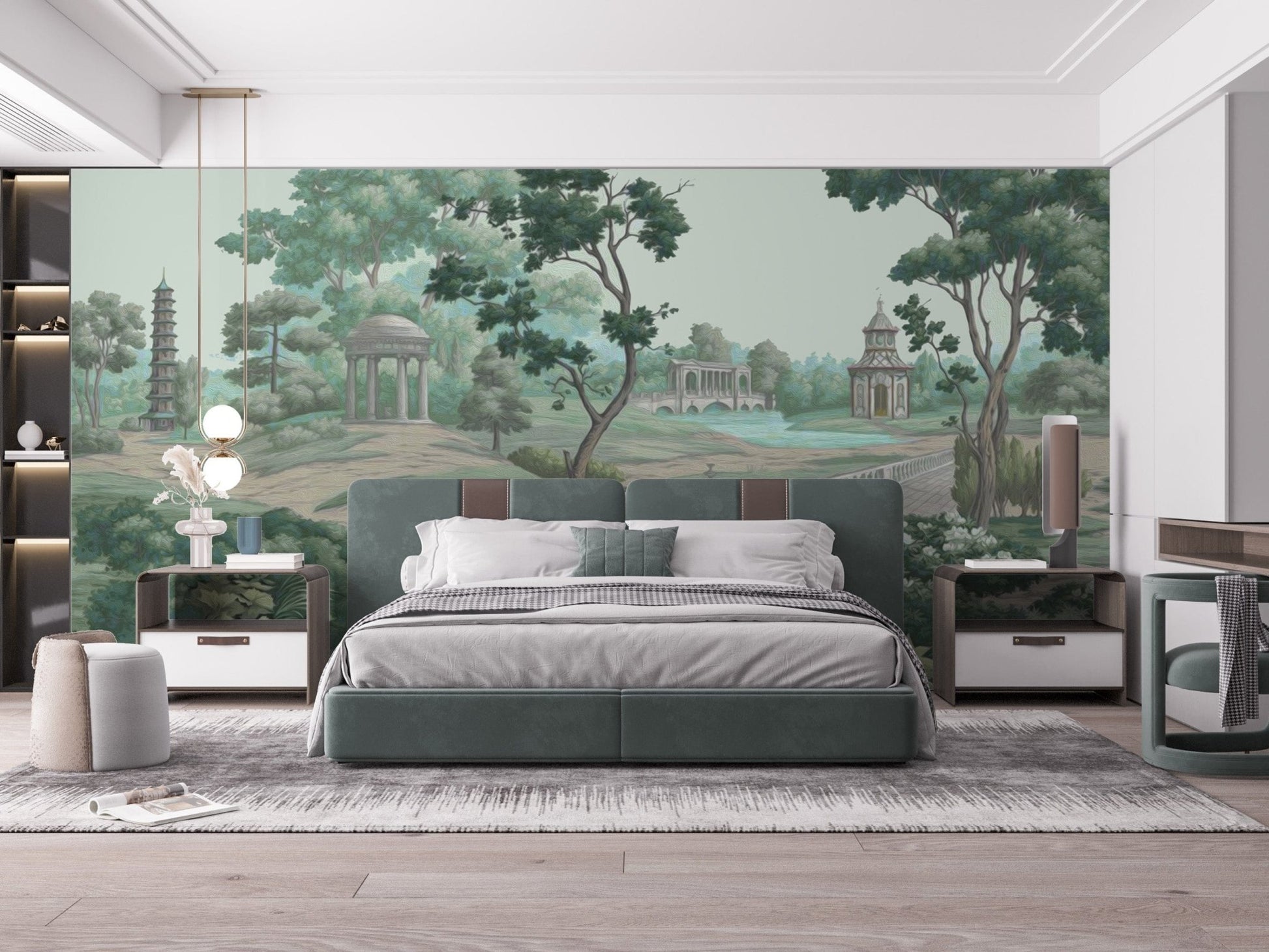 Tranquil green garden mural with floral details, C76
