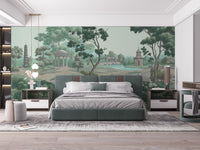 Tranquil green garden mural with floral details, C76