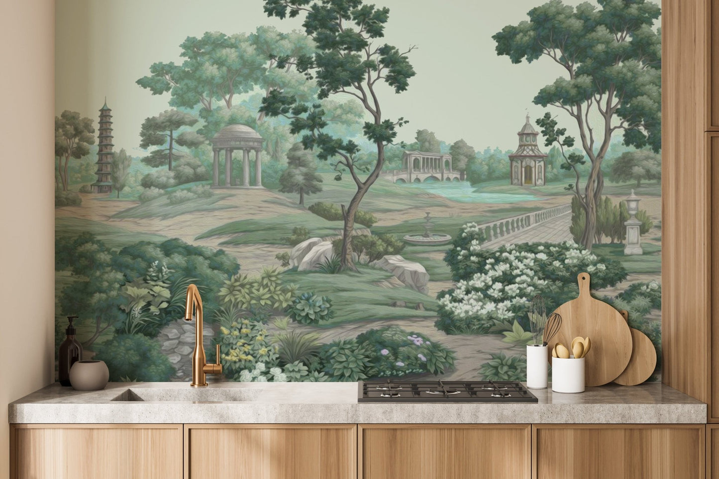 Green garden wallpaper mural with pathways, C76