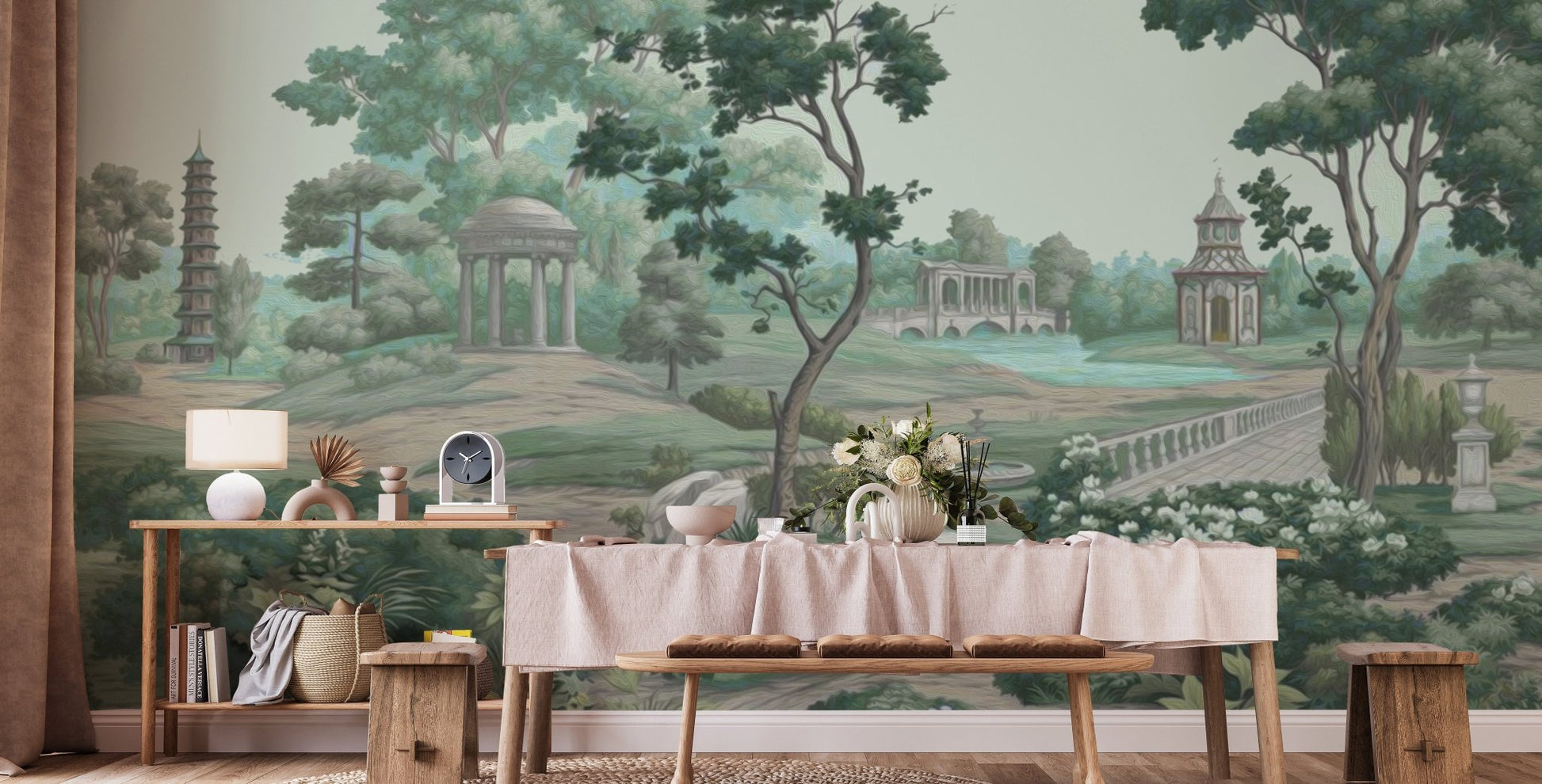 Calm and lush green garden wall mural scene, C76