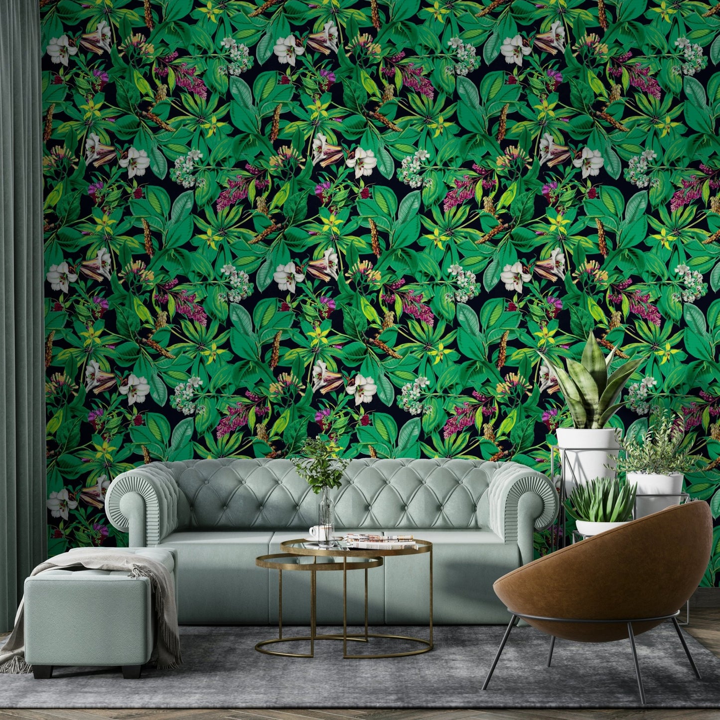 A minimalist home office with the botanical wallpaper.

