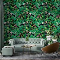 A minimalist home office with the botanical wallpaper.

