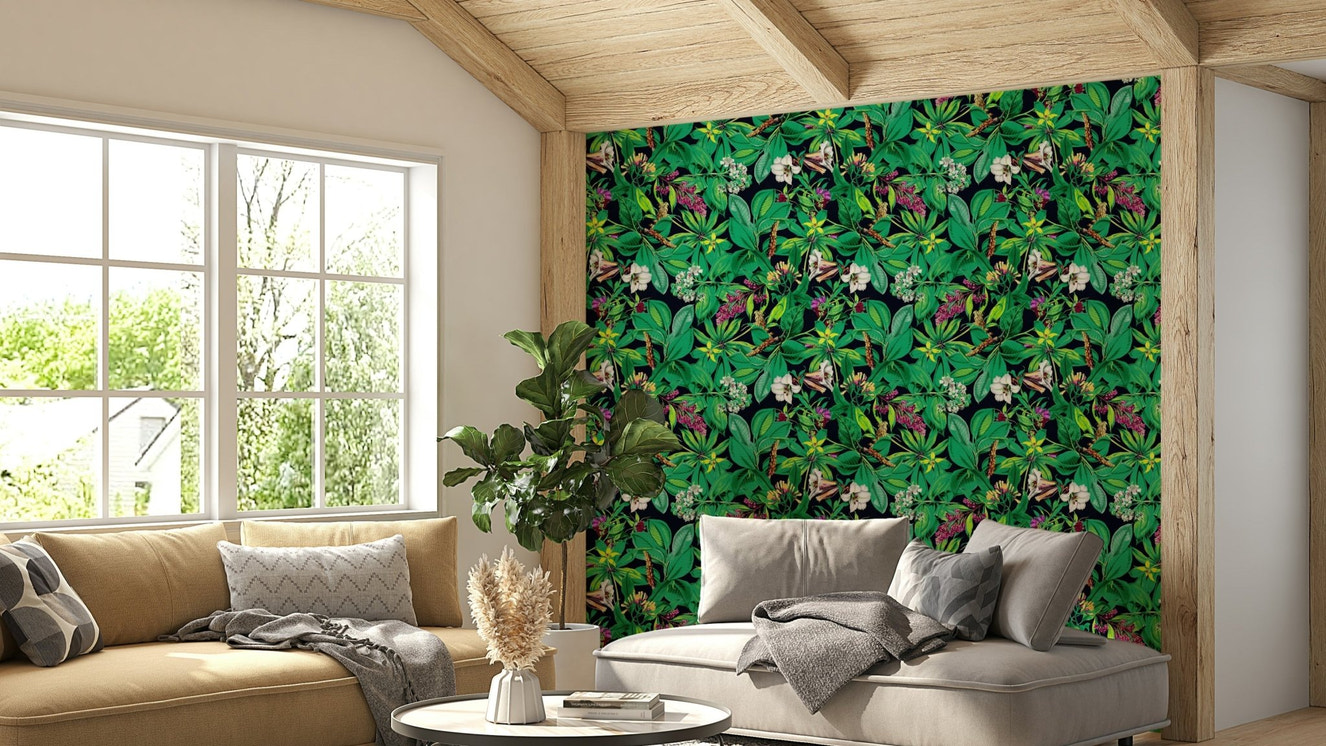 A beautiful modern living room with a green garden mural.

