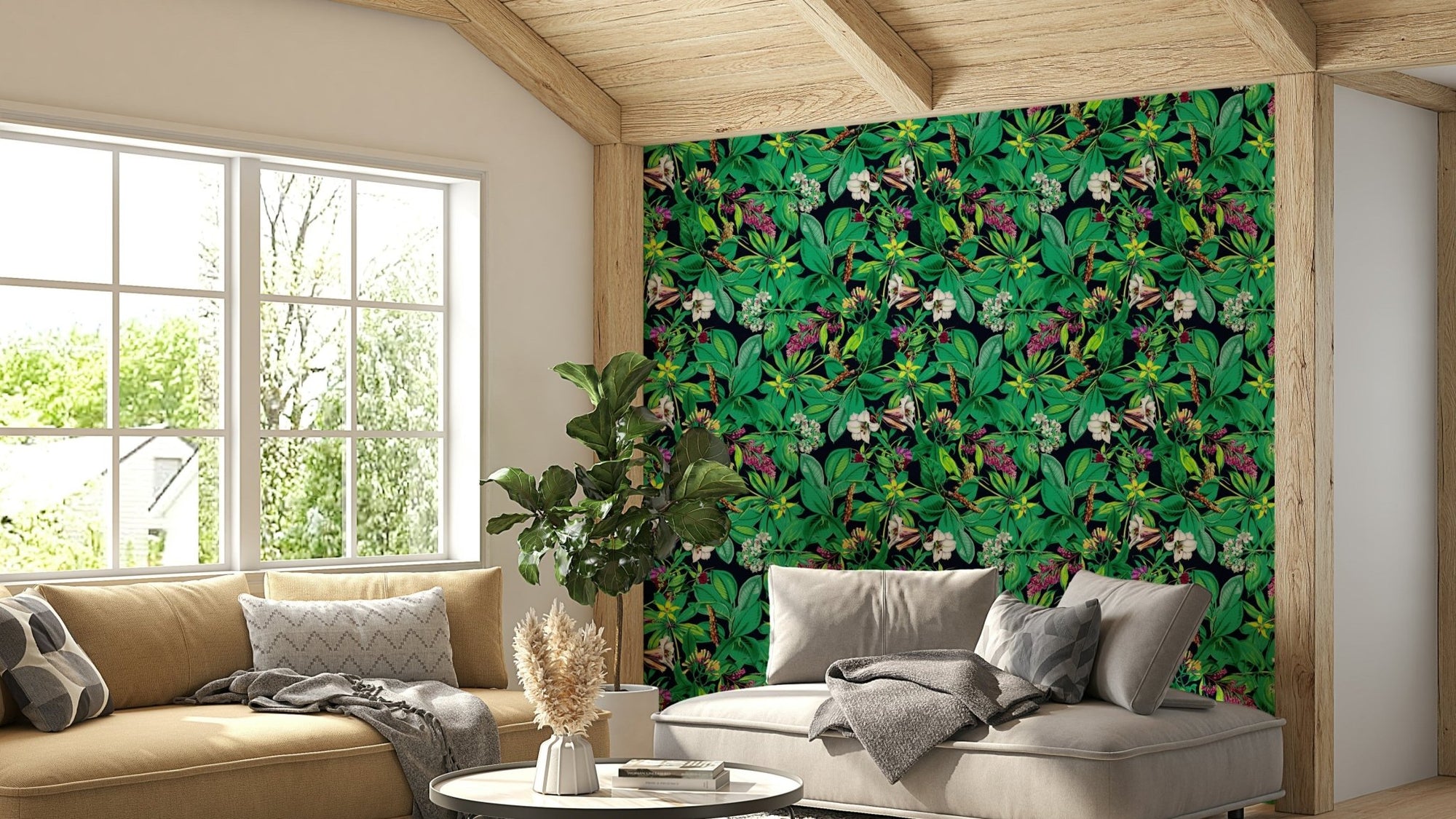 A beautiful modern living room with a green garden mural., GD4530