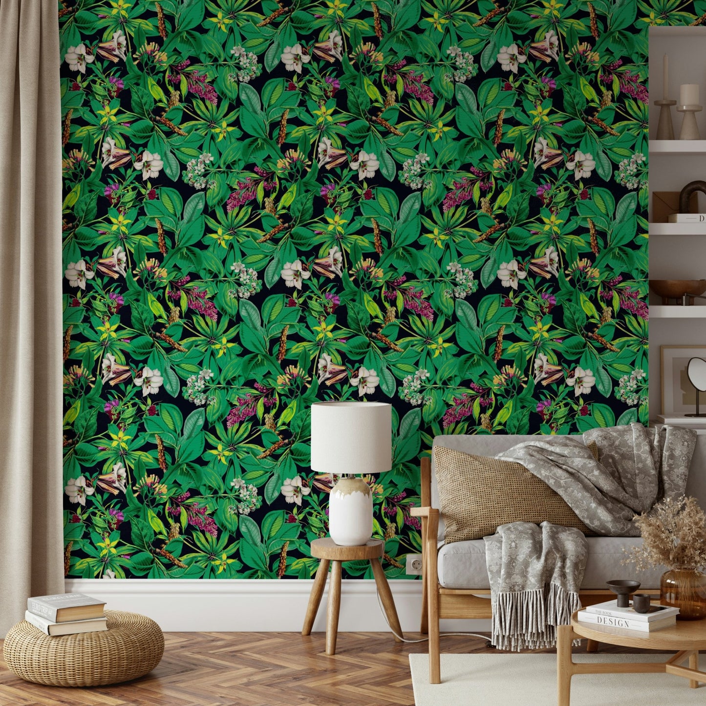A close-up of the detailed texture in the green botanical design.

