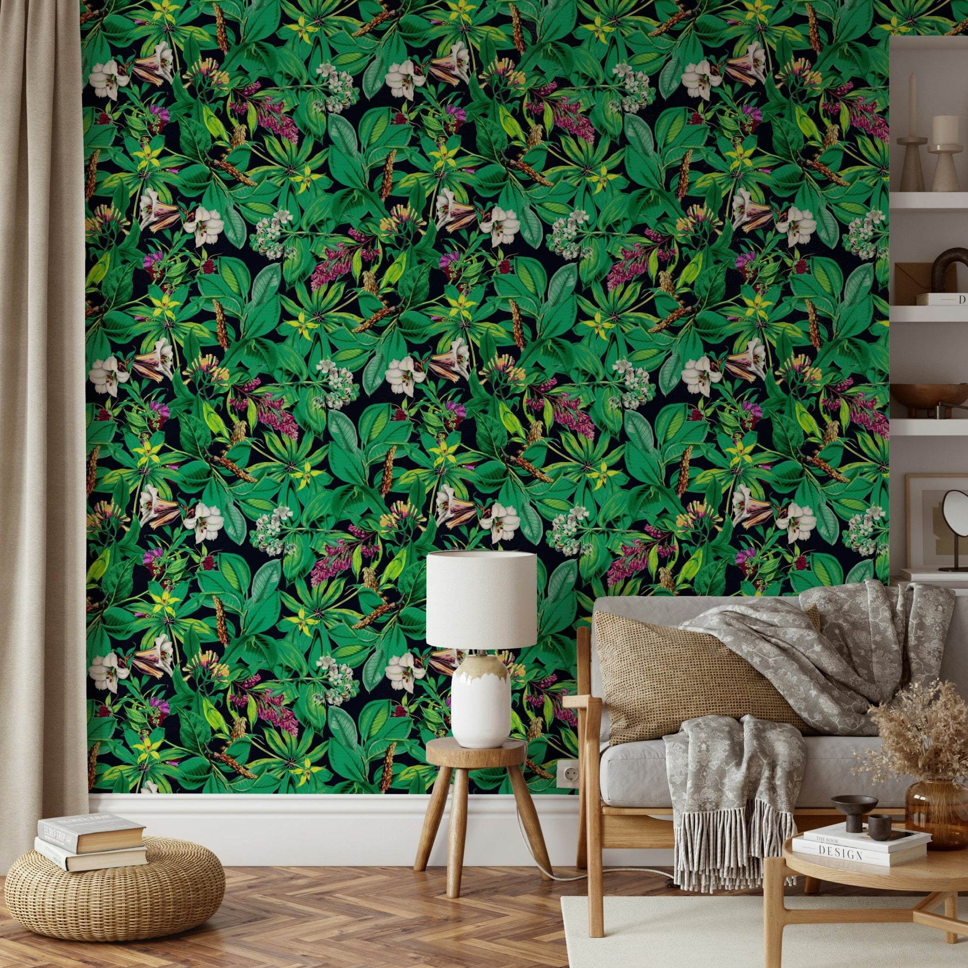 A close-up of the detailed texture in the green botanical design.

